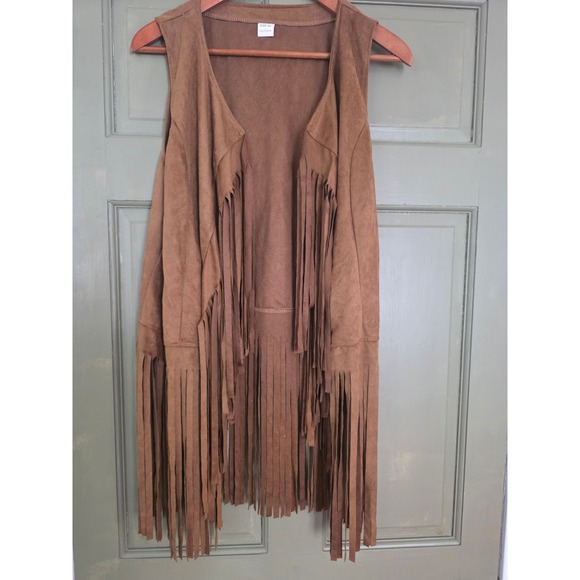 Unbranded Jackets & Blazers - Womens XL Brown Faux Suede Fringe Vest Open Front Boho Western Tassel Sleeveless